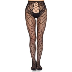 LEG AVENUE - 1966 MEDIAS DE RED CON PANTY SIN ENTREPIERNA NEGRO - TALLA ÚNICA - Universo SexShop