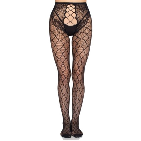 LEG AVENUE - 1966 MEDIAS DE RED CON PANTY SIN ENTREPIERNA NEGRO - TALLA ÚNICA - Universo SexShop