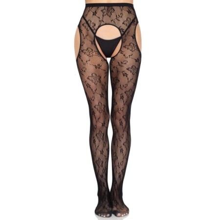 LEG AVENUE - 1967 MEDIAS DE LIGUERO CON RED DE FLORES NEGRO - TALLA ÚNICA - Universo SexShop